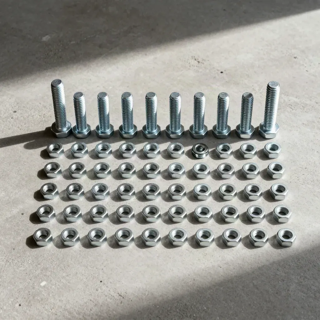 Overhead grid of galvanized bolts, washers, and nuts on pale concrete.