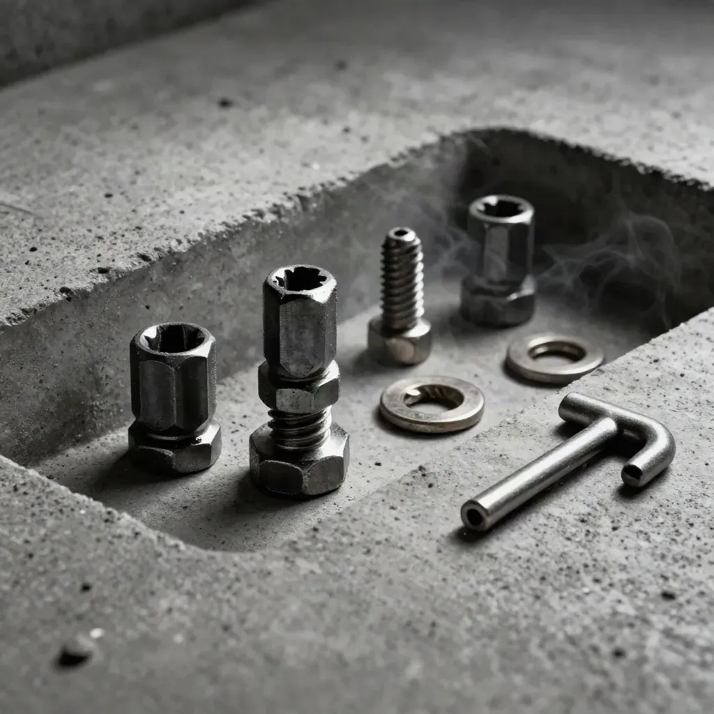Macro of black oxide socket screws, tiny washers, and an Allen key in dark concrete.