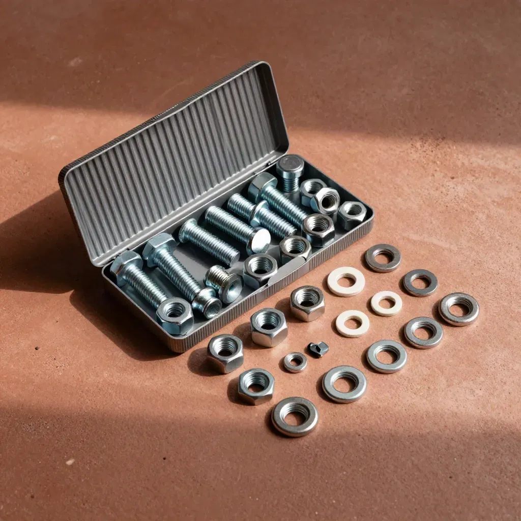 Overhead flatlay of an open metric fastener kit with mixed bolts, nuts, and washers on terracotta concrete.