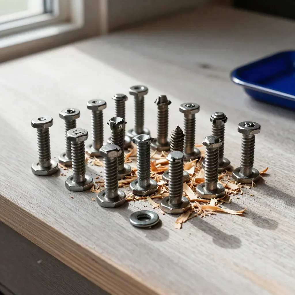 Overhead flatlay of timber lag bolts, washers and pine chips on pale wood with sawdust haze.