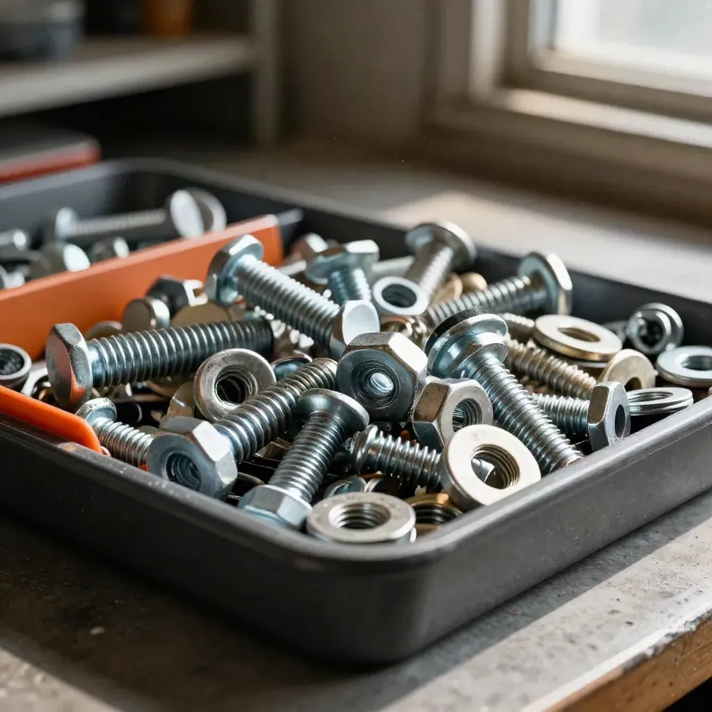 Macro of mixed bolts, nuts, washers, anchors, and screws in a shallow tray