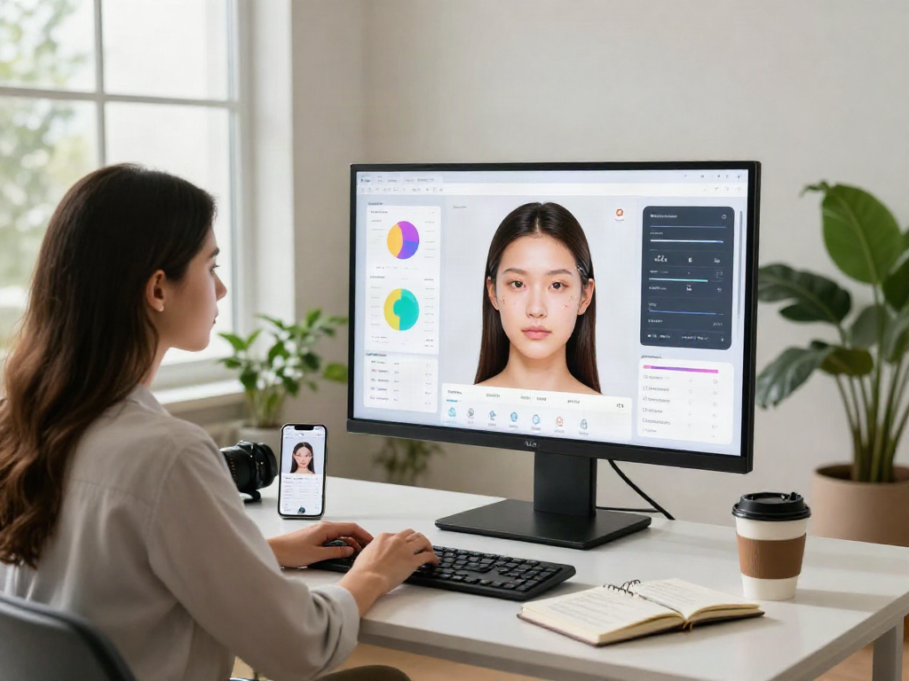 Engaging in an AI-powered attractiveness test at a sleek workstation, capturing facial metrics and beauty analysis.